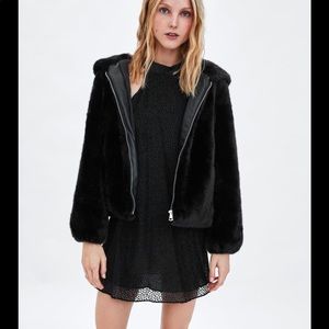 Zara Black Faux Fur Hooded Jacket. Size Small